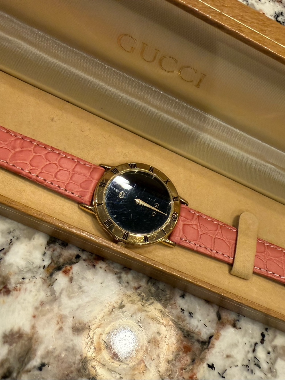 Gucci Gold-Tone Case Watch with Pink Leather Strap